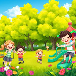 A vibrant and colorful scene featuring a group of happy children playing in a park with lush green trees, flowers, and a bright blue sky