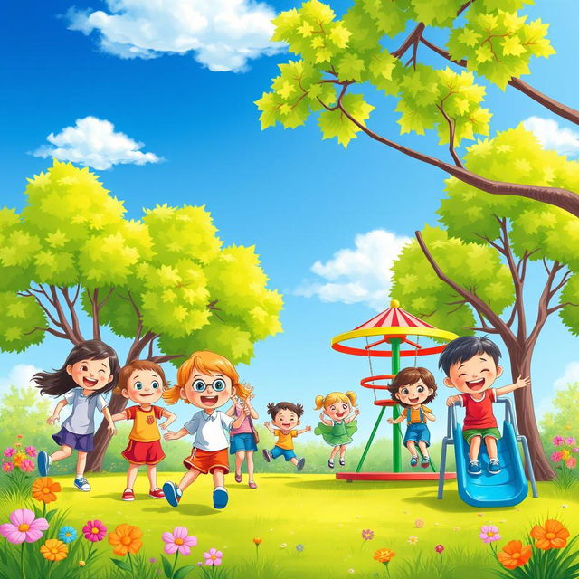 A vibrant and colorful scene featuring a group of happy children playing in a park with lush green trees, flowers, and a bright blue sky