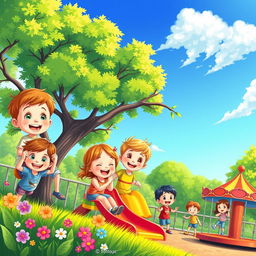 A vibrant and colorful scene featuring a group of happy children playing in a park with lush green trees, flowers, and a bright blue sky