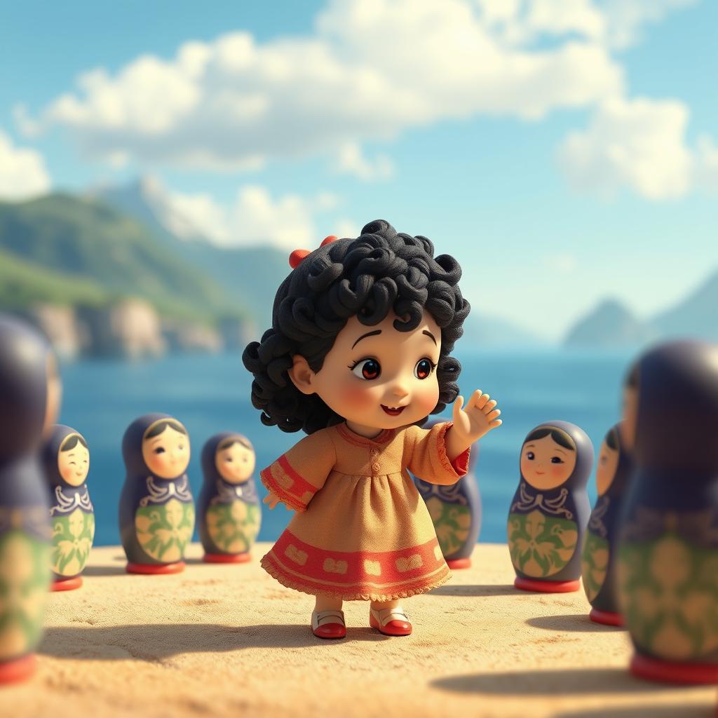 An animated scene featuring a baby girl with dark curly hair dancing in a circle with Matryoshka dolls