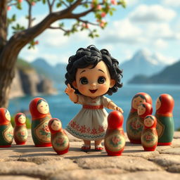 An animated scene featuring a baby girl with dark curly hair dancing in a circle with Matryoshka dolls