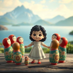 An animated scene featuring a baby girl with dark curly hair dancing in a circle with Matryoshka dolls