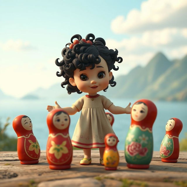 An animated scene featuring a baby girl with dark curly hair dancing in a circle with Matryoshka dolls