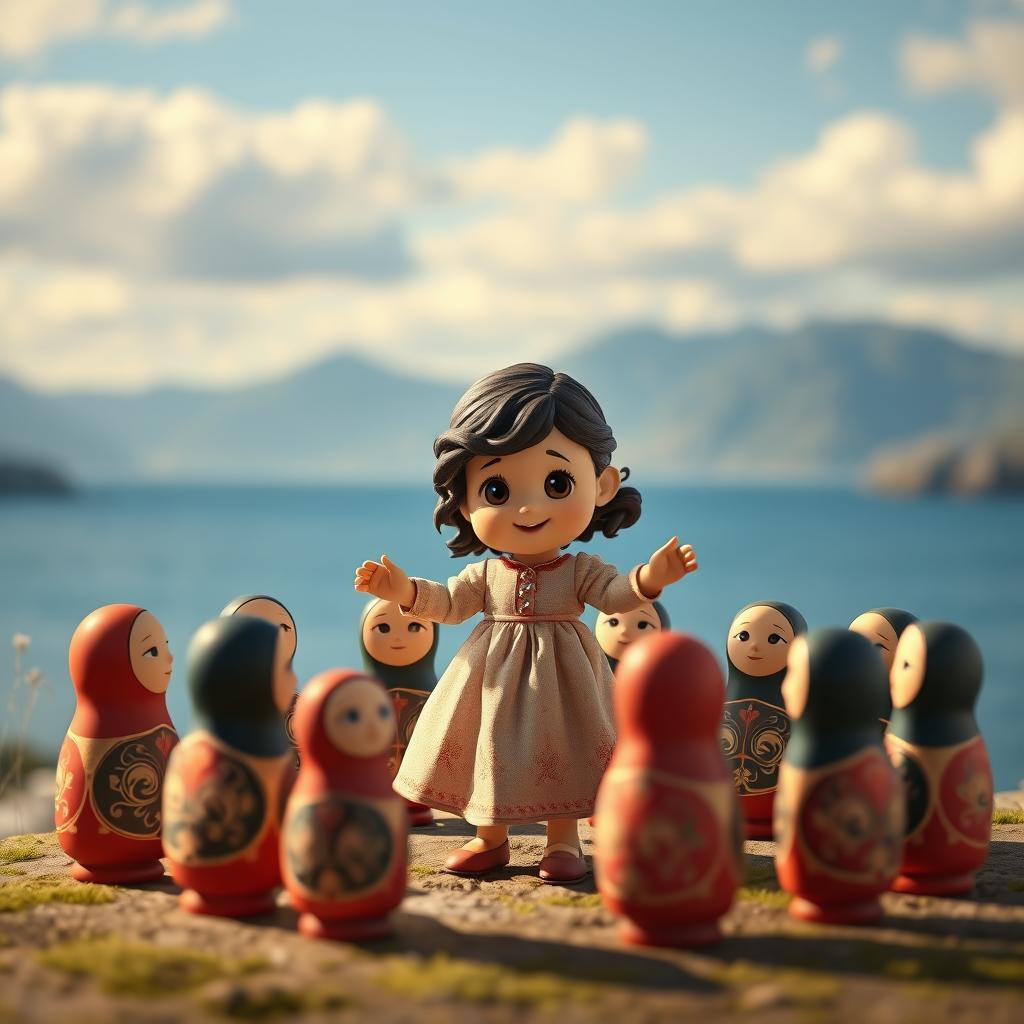 An animated scene featuring a baby girl with dark curly hair dancing in a circle with Matryoshka dolls