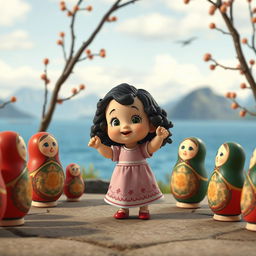 An animated scene featuring a baby girl with dark curly hair dancing in a circle with Matryoshka dolls