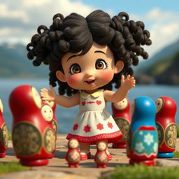 An animated scene featuring a baby girl with dark curly hair dancing in a circle with Matryoshka dolls