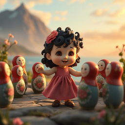 An animated scene featuring a baby girl with dark curly hair dancing in a circle with Matryoshka dolls