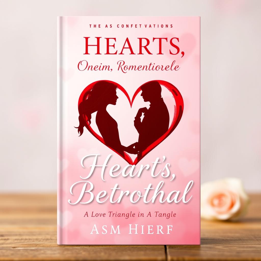 Design a book cover for a romantic novel titled 'Hearts, One Betrothal: A Love Triangle in a Tangle'