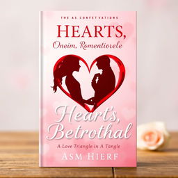 Design a book cover for a romantic novel titled 'Hearts, One Betrothal: A Love Triangle in a Tangle'