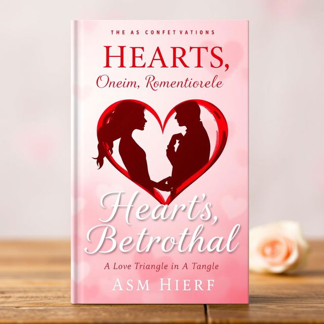 Design a book cover for a romantic novel titled 'Hearts, One Betrothal: A Love Triangle in a Tangle'