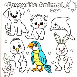 A vibrant coloring book page featuring a variety of favorite animals for kids