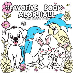 A vibrant coloring book page featuring a variety of favorite animals for kids