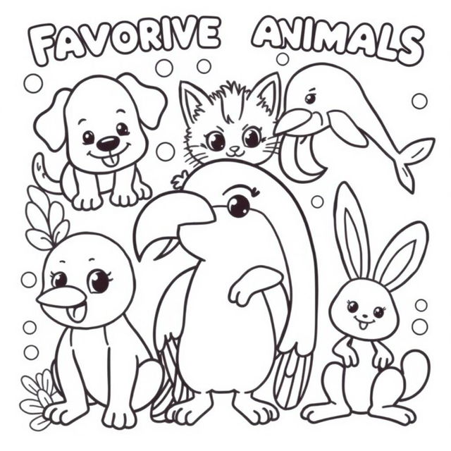 A vibrant coloring book page featuring a variety of favorite animals for kids