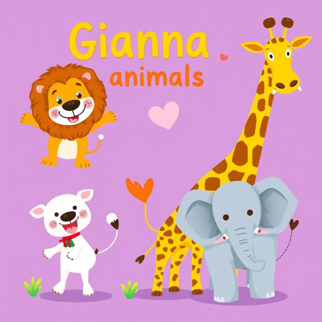 A vibrant illustration featuring Gianna's favorite animals, including a playful dog, a majestic lion, a tall giraffe, and a friendly elephant