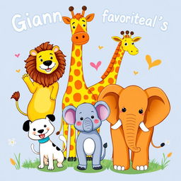 A vibrant illustration featuring Gianna's favorite animals, including a playful dog, a majestic lion, a tall giraffe, and a friendly elephant