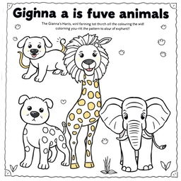 A vibrant coloring book page featuring Gianna's favorite animals, including a playful dog, a majestic lion, a tall giraffe, and a friendly elephant