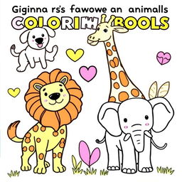 A vibrant coloring book page featuring Gianna's favorite animals, including a playful dog, a majestic lion, a tall giraffe, and a friendly elephant