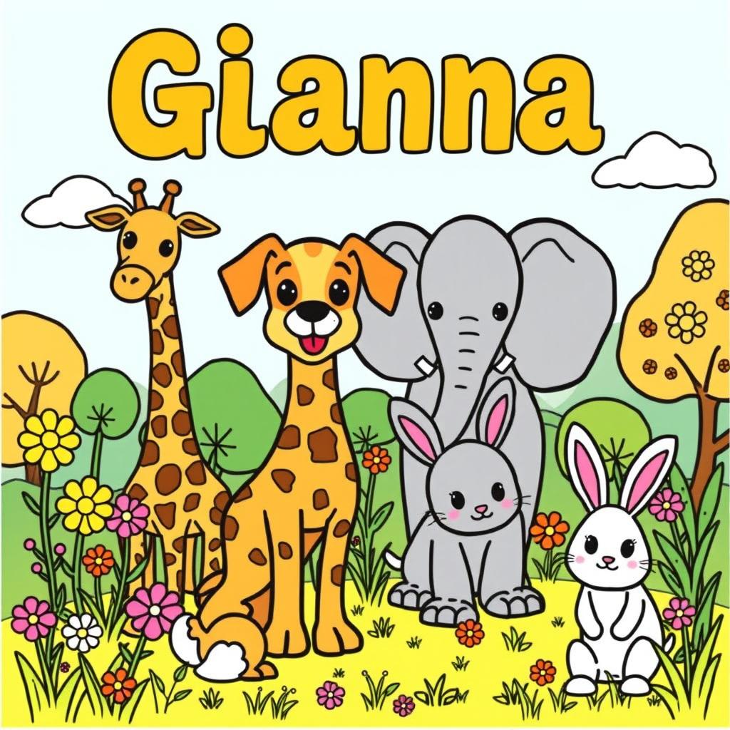 Create a vibrant coloring book page featuring Gianna's favorite animals: a dog, giraffes, elephants, and rabbits