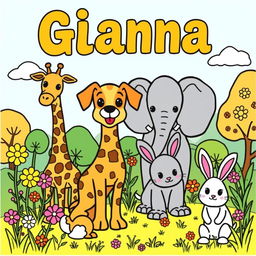 Create a vibrant coloring book page featuring Gianna's favorite animals: a dog, giraffes, elephants, and rabbits