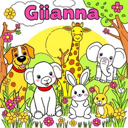 Create a vibrant coloring book page featuring Gianna's favorite animals: a dog, giraffes, elephants, and rabbits