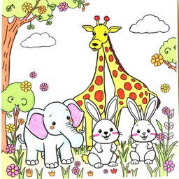 Create a vibrant coloring book page featuring Gianna's favorite animals: a dog, giraffes, elephants, and rabbits