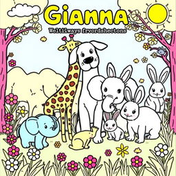 Create a vibrant coloring book page featuring Gianna's favorite animals: a dog, giraffes, elephants, and rabbits