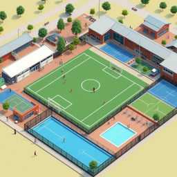 A detailed sports complex featuring multiple facilities such as a soccer field, basketball courts, tennis courts, and a swimming pool