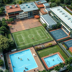 A detailed sports complex featuring multiple facilities such as a soccer field, basketball courts, tennis courts, and a swimming pool