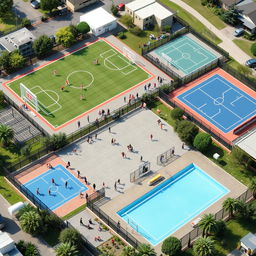 A detailed sports complex featuring multiple facilities such as a soccer field, basketball courts, tennis courts, and a swimming pool