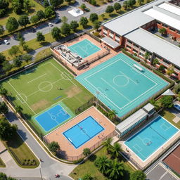 A detailed sports complex featuring multiple facilities such as a soccer field, basketball courts, tennis courts, and a swimming pool