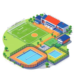 A graphic design illustration of a sports complex featuring various facilities such as a soccer field, basketball courts, tennis courts, and a swimming pool