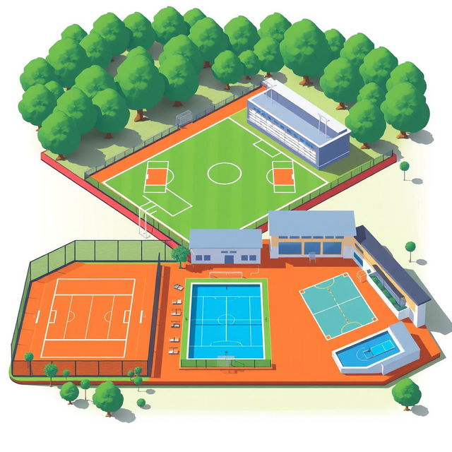 A graphic design illustration of a sports complex featuring various facilities such as a soccer field, basketball courts, tennis courts, and a swimming pool