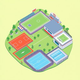 A graphic design illustration of a sports complex featuring various facilities such as a soccer field, basketball courts, tennis courts, and a swimming pool