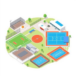 A graphic design illustration of a sports complex featuring various facilities such as a soccer field, basketball courts, tennis courts, and a swimming pool