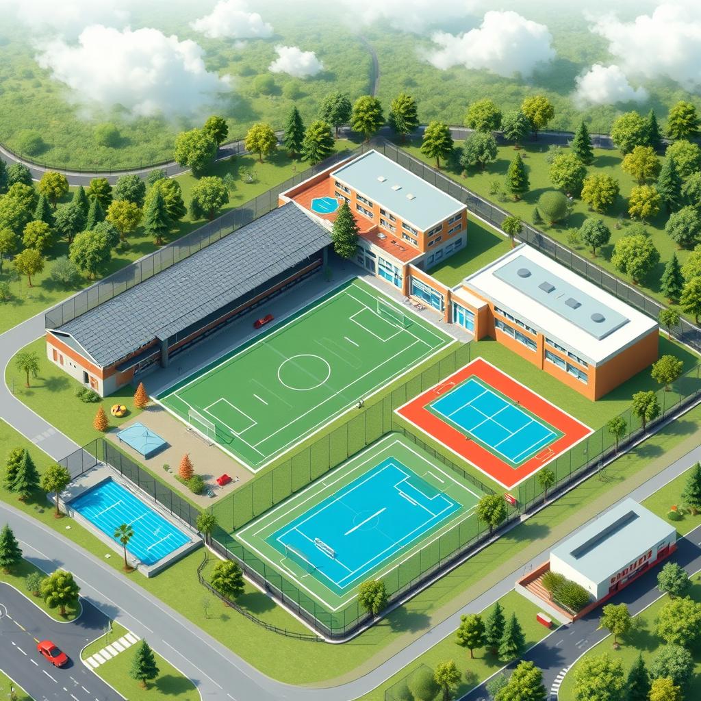 A realistic and creative graphic design illustration of a sports complex