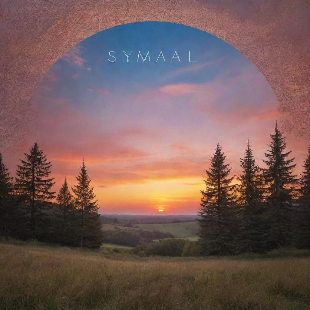 The previous enchanting nature scene, now embossed with a symael text elegantly laid out across the sky that glows with the hues of the sunset.