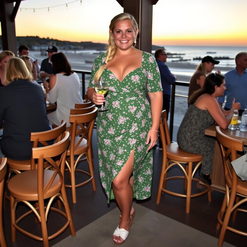 A curvy and plump blond woman with hair in a plait, standing in a cafe overlooking the beach at St Ives