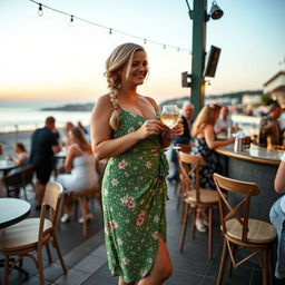 A curvy blond woman with hair in a plait, standing in a cafe overlooking the beach at St Ives