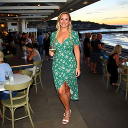 A curvy blond woman with hair in a plait, standing in a cafe overlooking the beach at St Ives