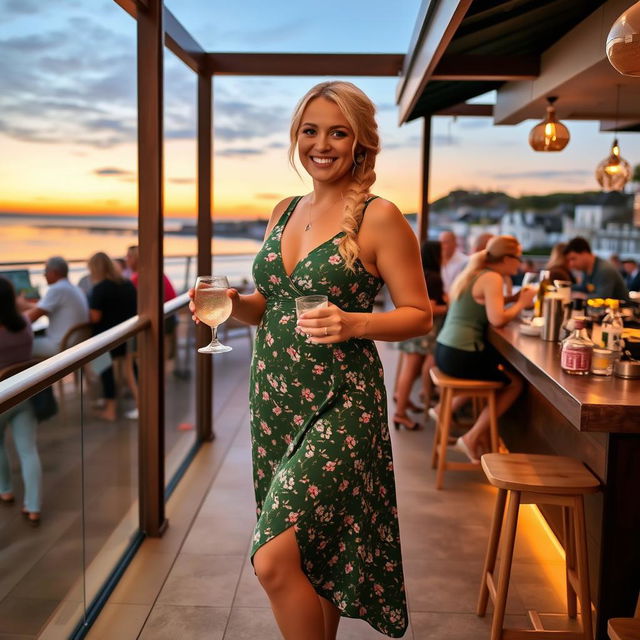 A curvy blond woman with hair in a plait, standing in a cafe overlooking the beach at St Ives