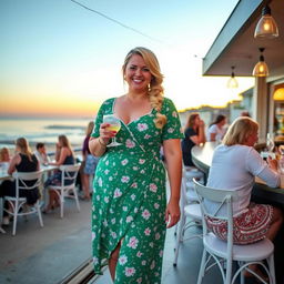 A curvy blond woman with hair in a plait, standing in a cafe overlooking the beach at St Ives