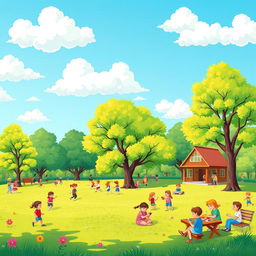 A colorful and inviting scene featuring a lush green park with children playing, families having picnics, and a clear blue sky with fluffy white clouds