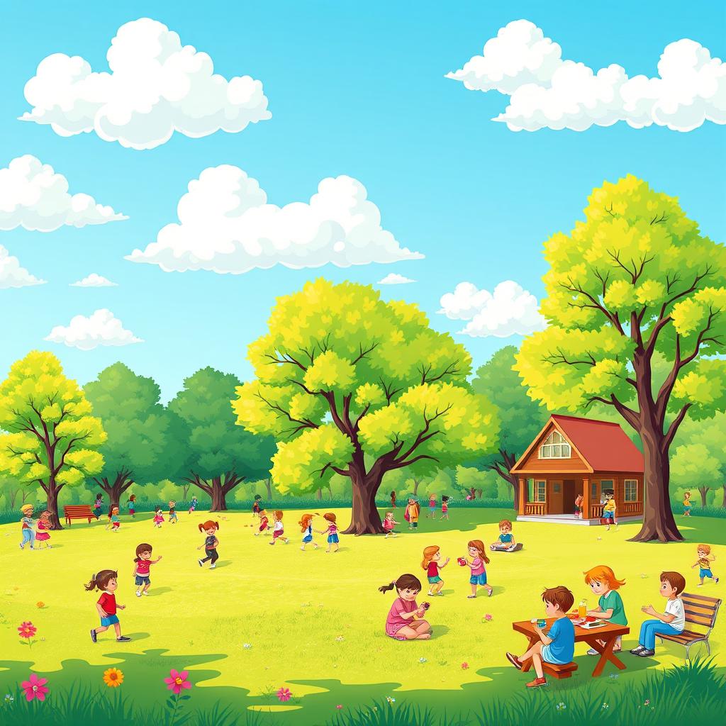 A colorful and inviting scene featuring a lush green park with children playing, families having picnics, and a clear blue sky with fluffy white clouds