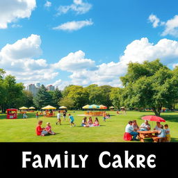 A colorful and inviting scene featuring a lush green park with children playing, families having picnics, and a clear blue sky with fluffy white clouds