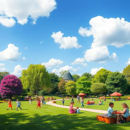 A colorful and inviting scene featuring a lush green park with children playing, families having picnics, and a clear blue sky with fluffy white clouds