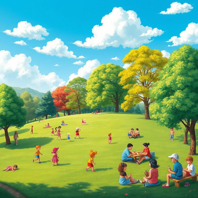 A colorful and inviting scene featuring a lush green park with children playing, families having picnics, and a clear blue sky with fluffy white clouds