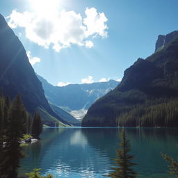 A beautiful and serene landscape featuring a clear blue lake surrounded by tall, majestic mountains and lush green forests