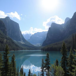 A beautiful and serene landscape featuring a clear blue lake surrounded by tall, majestic mountains and lush green forests