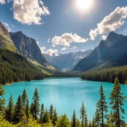 A beautiful and serene landscape featuring a clear blue lake surrounded by tall, majestic mountains and lush green forests