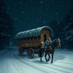 A single gypsy caravan making its way down a snow-covered road during a dark, stormy night